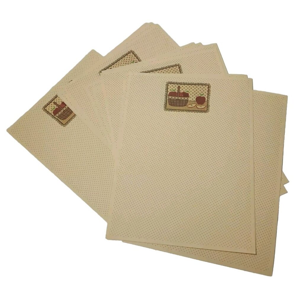 Apple Basket Stationary Writing Paper Off White Brown Polka Dot 24 Count Vintage